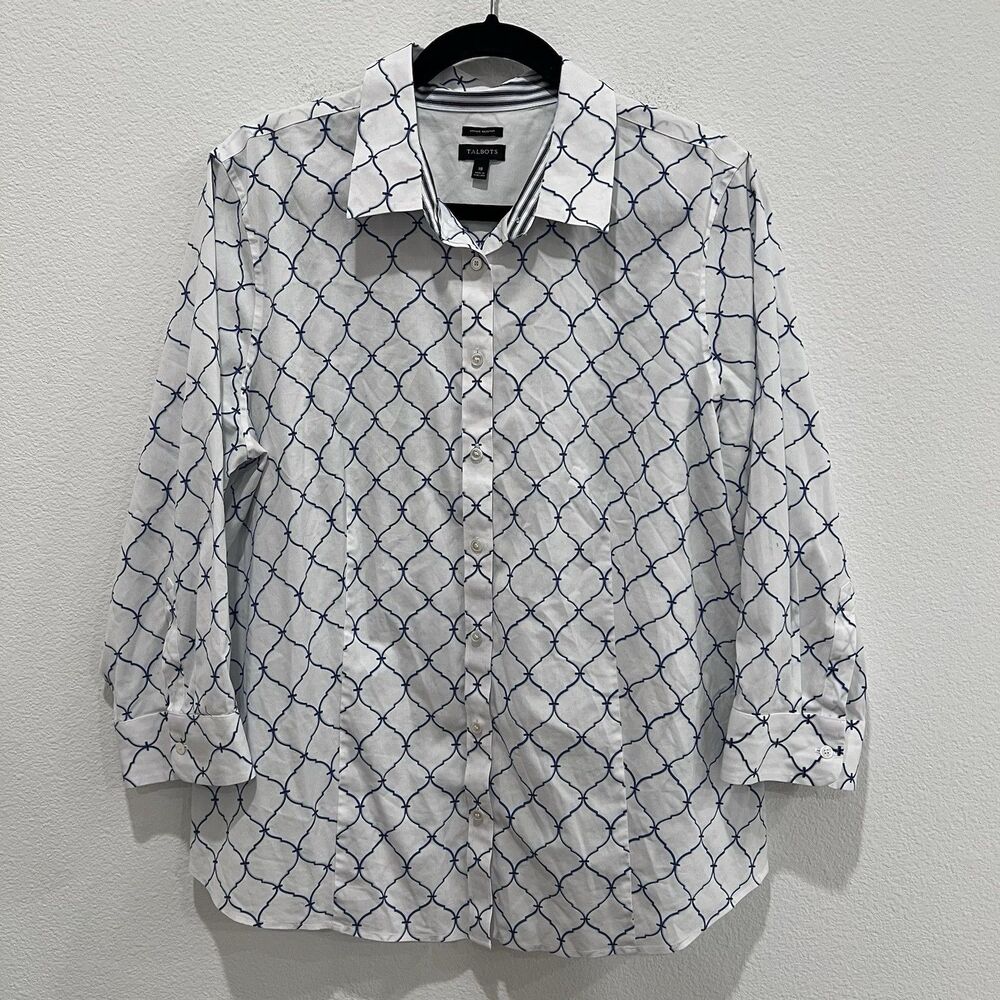 Talbots Shirt Top Women's Sz 18 Button Up Long Sleeve White Navy Blue Career
